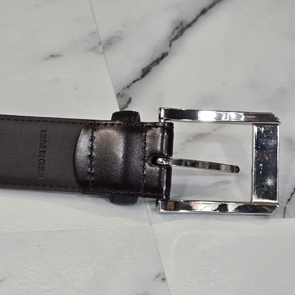 KM Legend Mens 46 Black Leather Dress Belt Silver Buckle Work Formal Classic